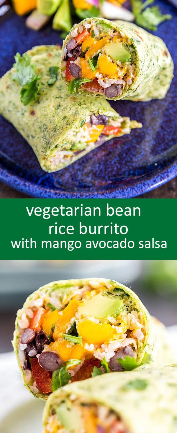 Vegetarian Burritos with beans, rice, chipotle chili sauce and mango avocado salsa, all wrapped in a homemade spinach tortilla! Easy dinner idea for summer!