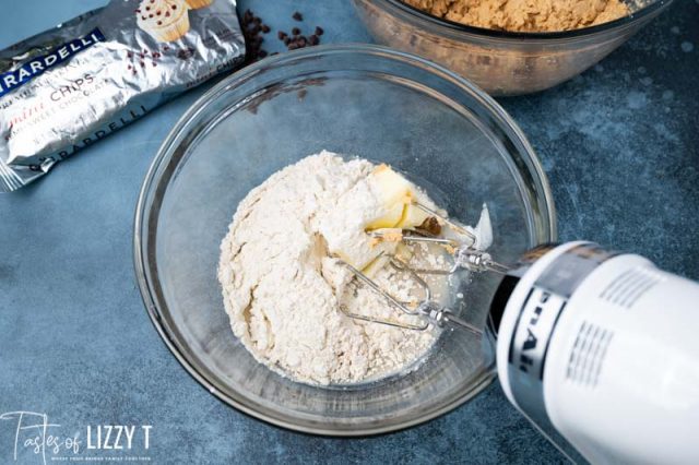 mixing cookie dough in a bowl