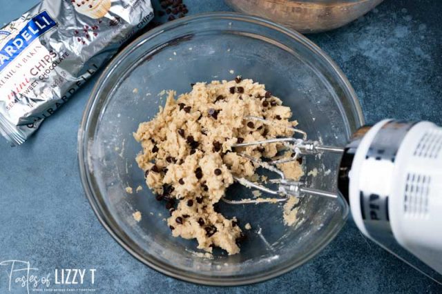 mixing cookie dough in a bowl