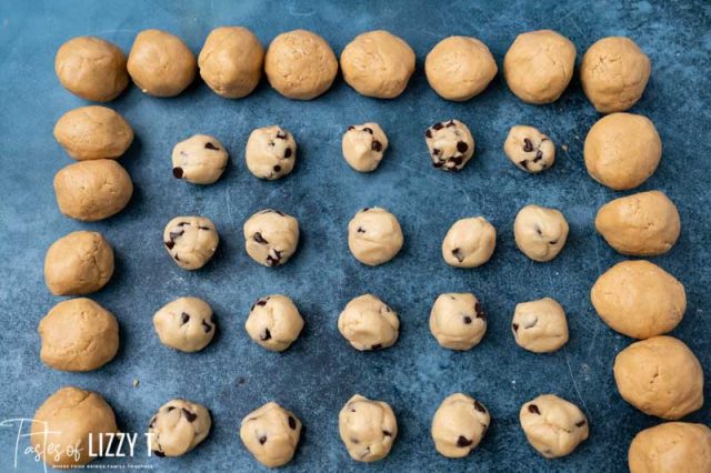 balls of cookie dough and peanut butter balls