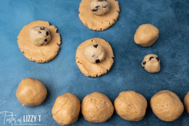 ball of cookie dough in peanut butter