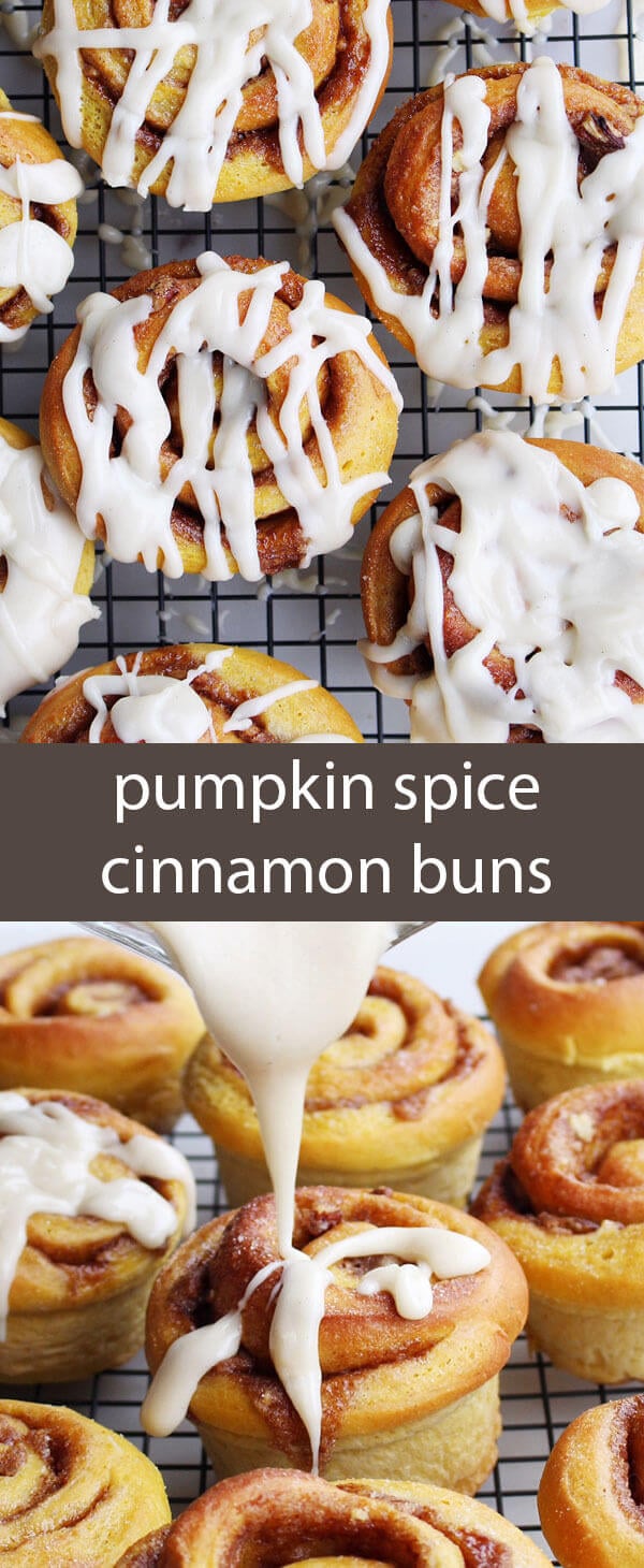 Pumpkin spice cinnamon buns are so pillowy soft and pair perfectly with the gooey spiced dark brown sugar filling. Drizzled with maple butter cream cheese frosting.