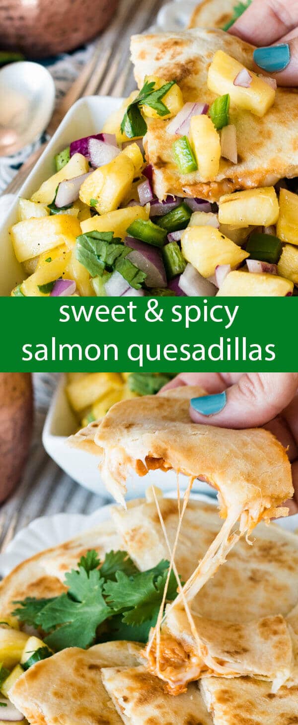 Sweet & spicy salmon quesadillas with rice, salmon and cheese warmed between golden brown tortillas. Serve with fresh pineapple salsa for a quick lunch.
