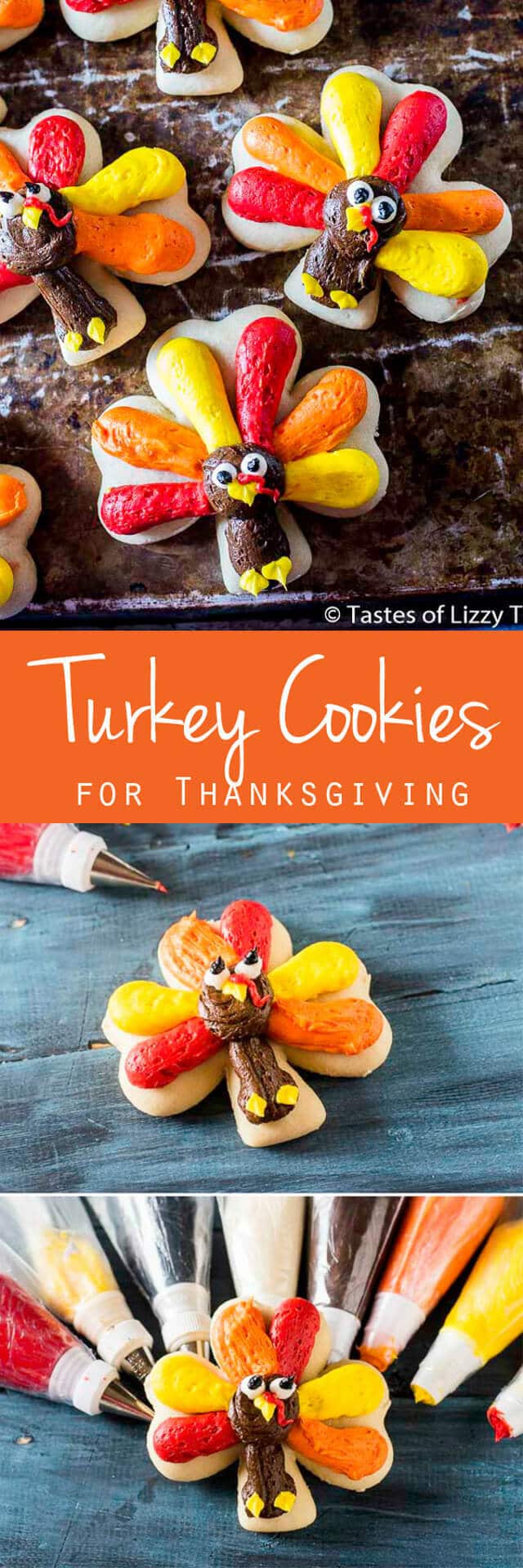 Cut out sugar cookies with buttercream frosting are easy to decorate. Get the tutorial for these cute Turkey Cookies for Thanksgiving!
