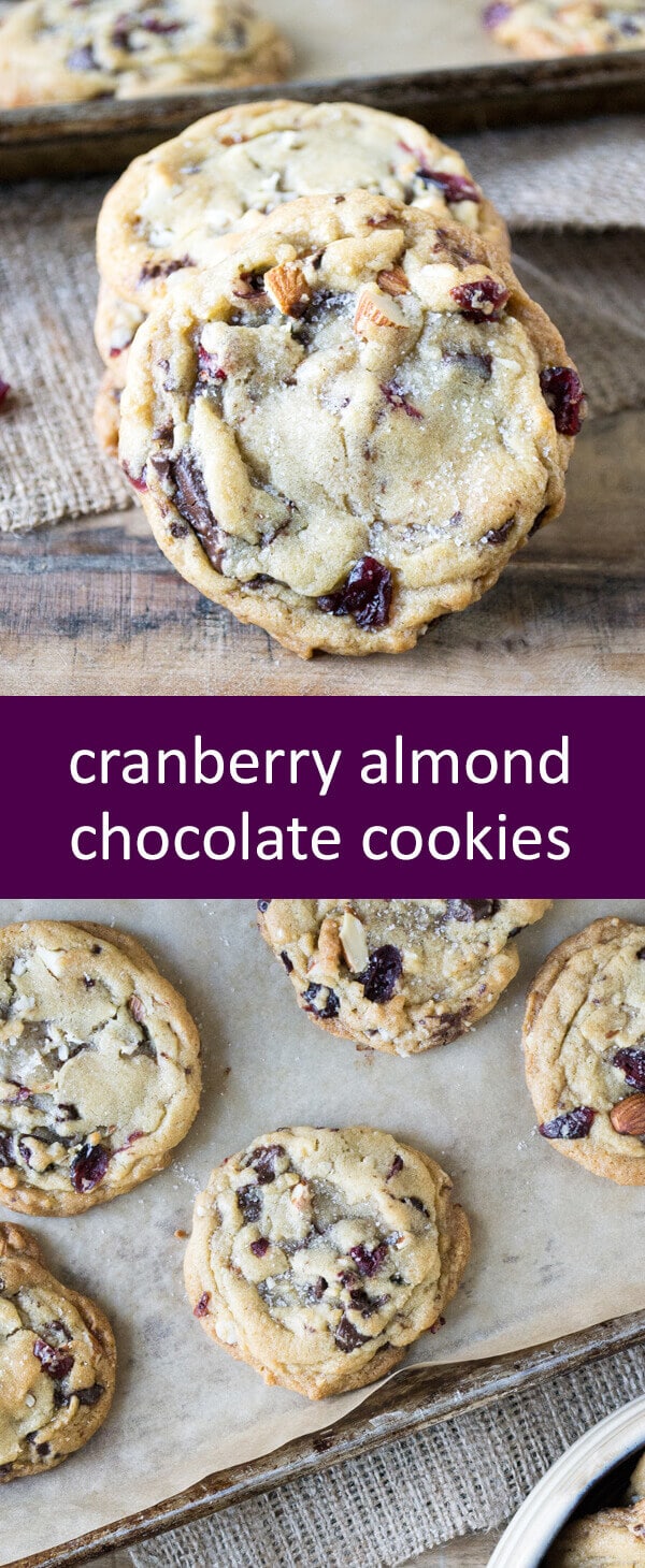 Cranberry Almond Chocolate Cookies filled with dried cranberries, almonds and dark chocolate chunks, topped with a sprinkle of sea salt.