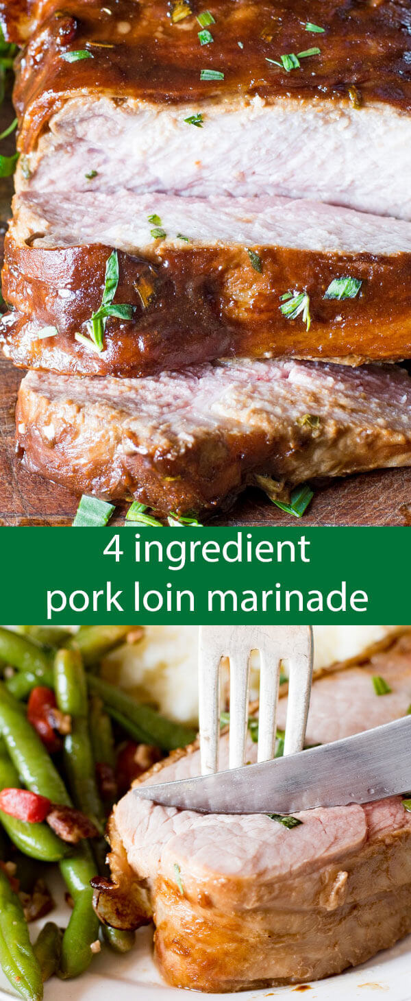 Just 4 ingredients make up this savory pork loin marinade featuring molasses and dijon mustard. Top with bacon and roast in the oven to juicy pork loin perfection!