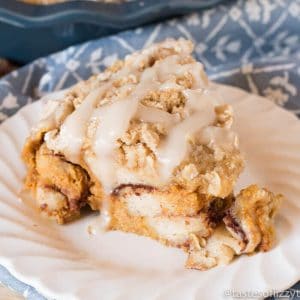 plated slice of pumpkin cinnamon roll bake