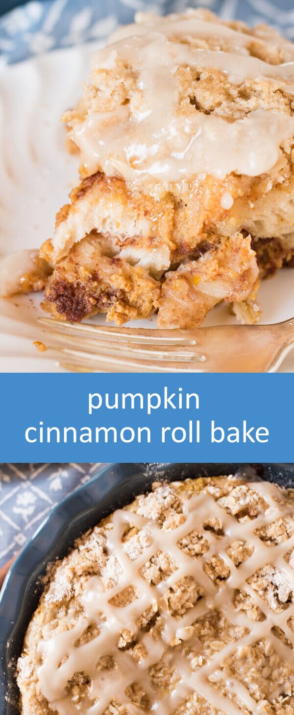 Only 15 minutes until this Pumpkin Cinnamon Roll Bake is ready for the oven. You'll love the brown sugar oatmeal streusel baked on top!