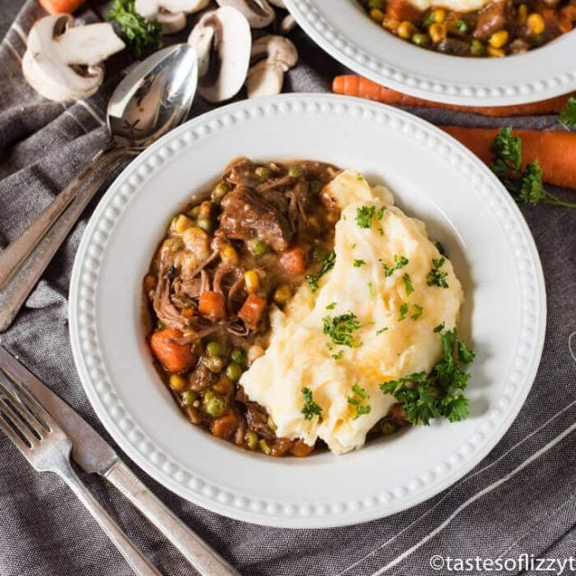 Slow Cooker Shepherd’s Pie is an easy way to enjoy a classic casserole. Fork-tender roast beef simmered with veggies & topped with cheesy mashed potatoes.