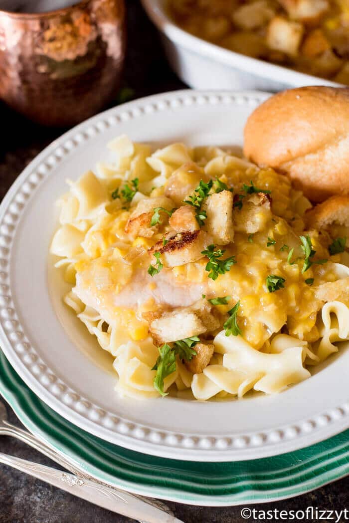 pork chops dinner casserole made with cream corn