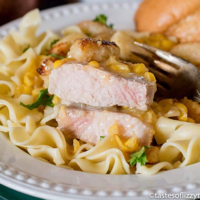 sliced pork chop on noodles