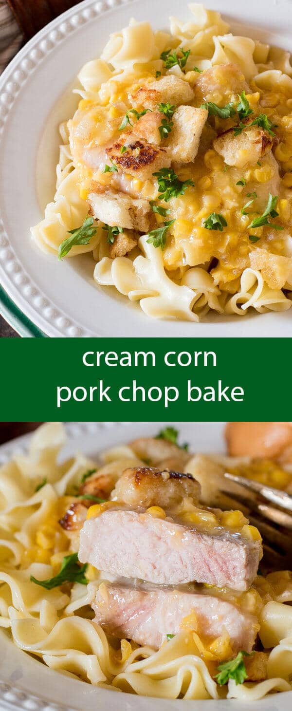 Taste the comforts of home with Cream Corn Pork Chops casserole recipe. Pork chops cooked to juicy perfection, topped with corn and bread. #porkchops # casserole