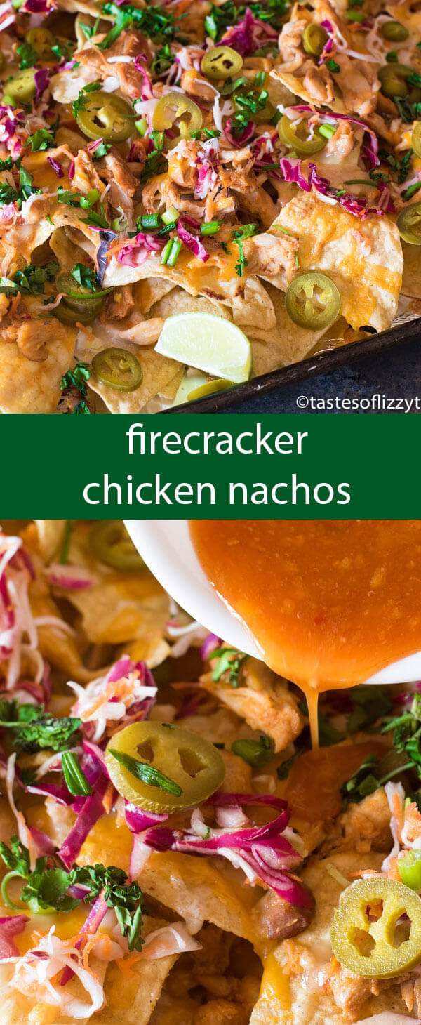 Firecracker Chicken Nachos pack a flavor punch with spicy buffalo sauce and sweet chili sauce. Slow cook the chicken a day in advance for quick, 15 minute meal on those busy evenings.
