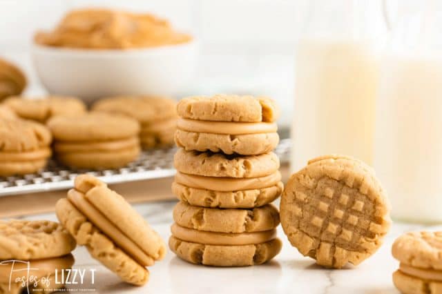 stack of cookies with a cup of milk