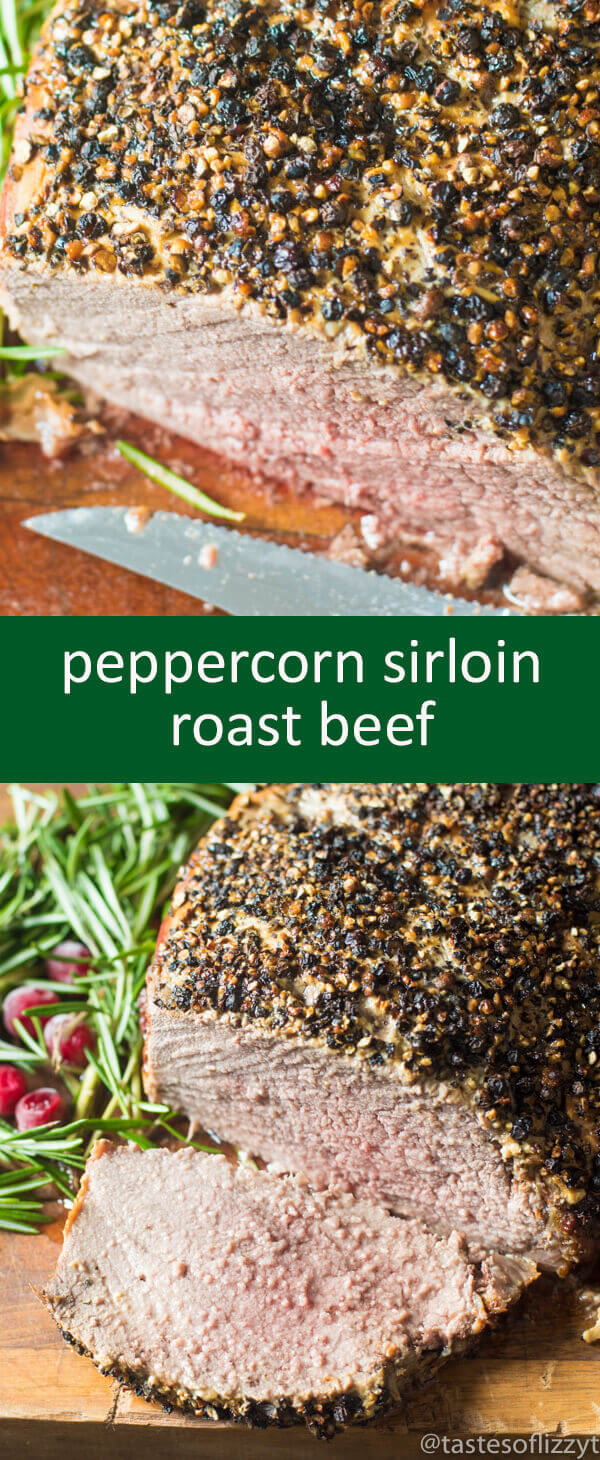 Sirloin Roast Beef with a 3 ingredient Dijon peppercorn crusted top makes an elegant holiday dinner. Oven roasted to your preference!