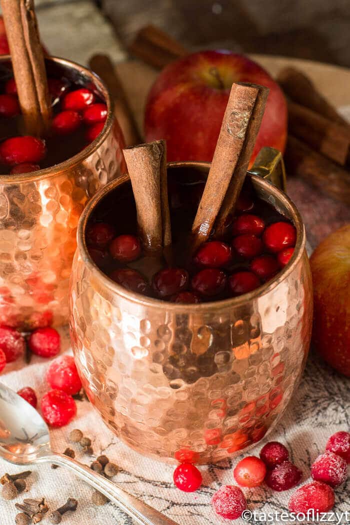 moscow mule mug full of spiced cranberry apple cider, garnished with whole cinnamon sticks and fresh cranberries