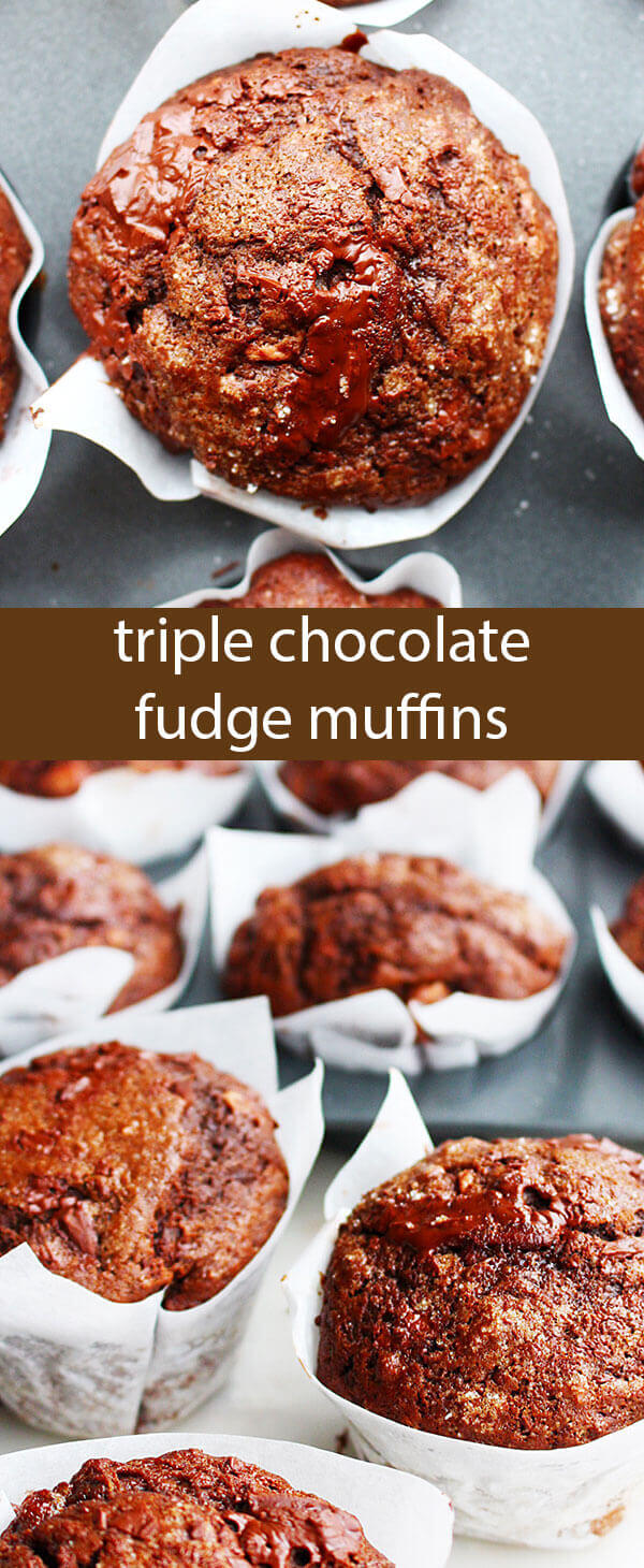 These Triple Chocolate Fudge Muffins are loaded with cocoa powder, milk chocolate chunks and dark chocolate chunks. The coffee and the buttermilk in this recipe keeps the muffins incredibly tender.