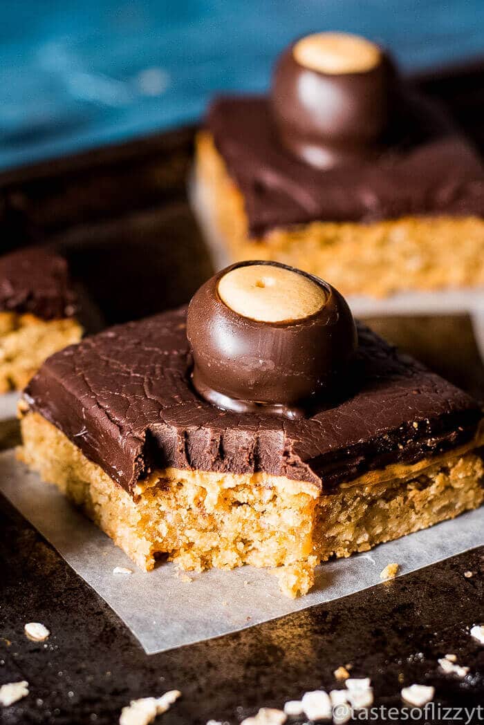 chocolate peanut butter bar with a bite out of it