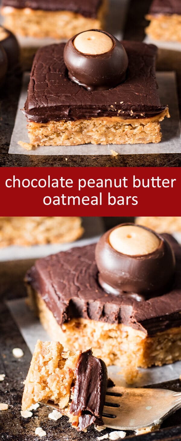 Hearty chocolate peanut butter oatmeal bars are topped with a layer of creamy peanut butter and a thick layer of decadent chocolate ganache.