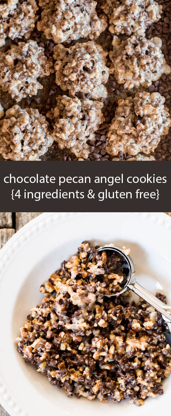 Angel cookies with chocolate and pecans in every bite! 4 ingredient cookies that are gluten free and ready in 15 minutes.