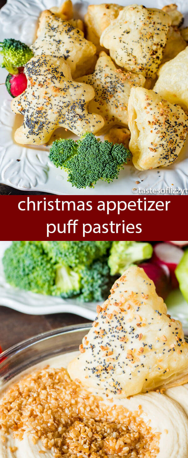 Christmas Appetizer Puffs and a festive veggie tray make the perfect pairing with flavored hummus. An effortlessly elegant display.