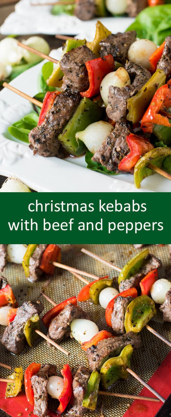 A simple tangy and spicy marinade covers these Christmas kebabs with top sirloin steak, peppers and pearl onions.
