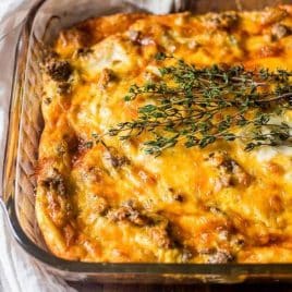 sourdough egg breakfast casserole in a 9x13" baking pan