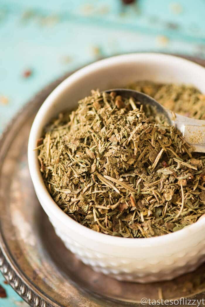 italian seasoning in a small white bowl