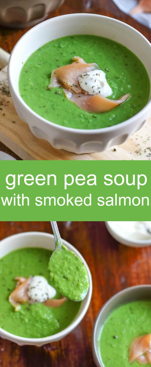 Green Pea Soup with Smoked Salmon soup/ green pea/ smoked salmon/ This green pea soup with smoked salmon is a perfect dish for winter. Ready in 15 minutes, easy & healthy! Top it with salmon & sour cream for extra protein.