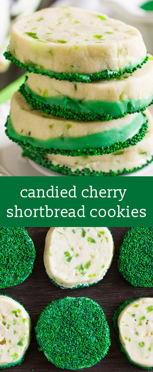 candied cherry shortbread cookies / dipped cookies / easy cookie recipe / st patricks day cookies / colorful cookies / cookies for kids