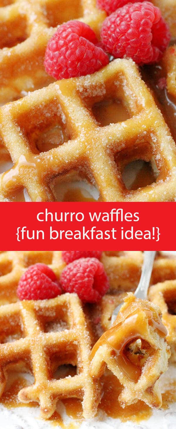 Churro Waffles {Fun & Easy Breakfast Recipe with Cinnamon and Sugar} buttermilk waffles / homemade waffle recipe / churro recipe / churros