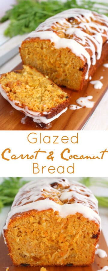 COCONUT CARROT BREAD / Loaded with coconut, shredded carrots and golden raisins and glazed with a cream cheese icing / Quick Bread recipe