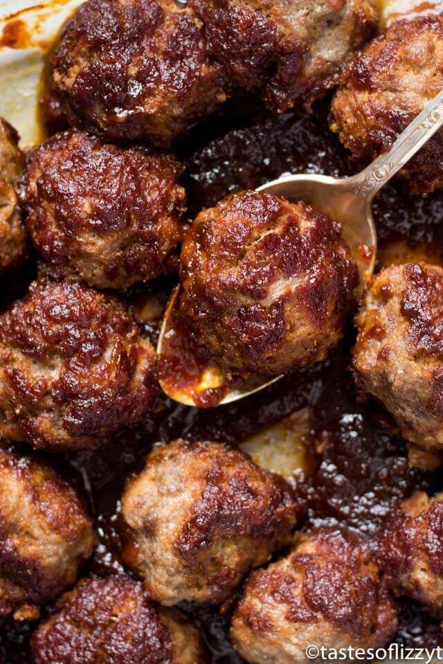 grandma's meatballs covered with a sweet chili and molasses sauce
