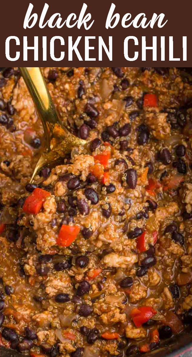 This black bean chicken chili with quinoa is a perfect wholesome meal for dinner or lunch. It is made in one pot and loaded with proteins and nutrients. via @tastesoflizzyt