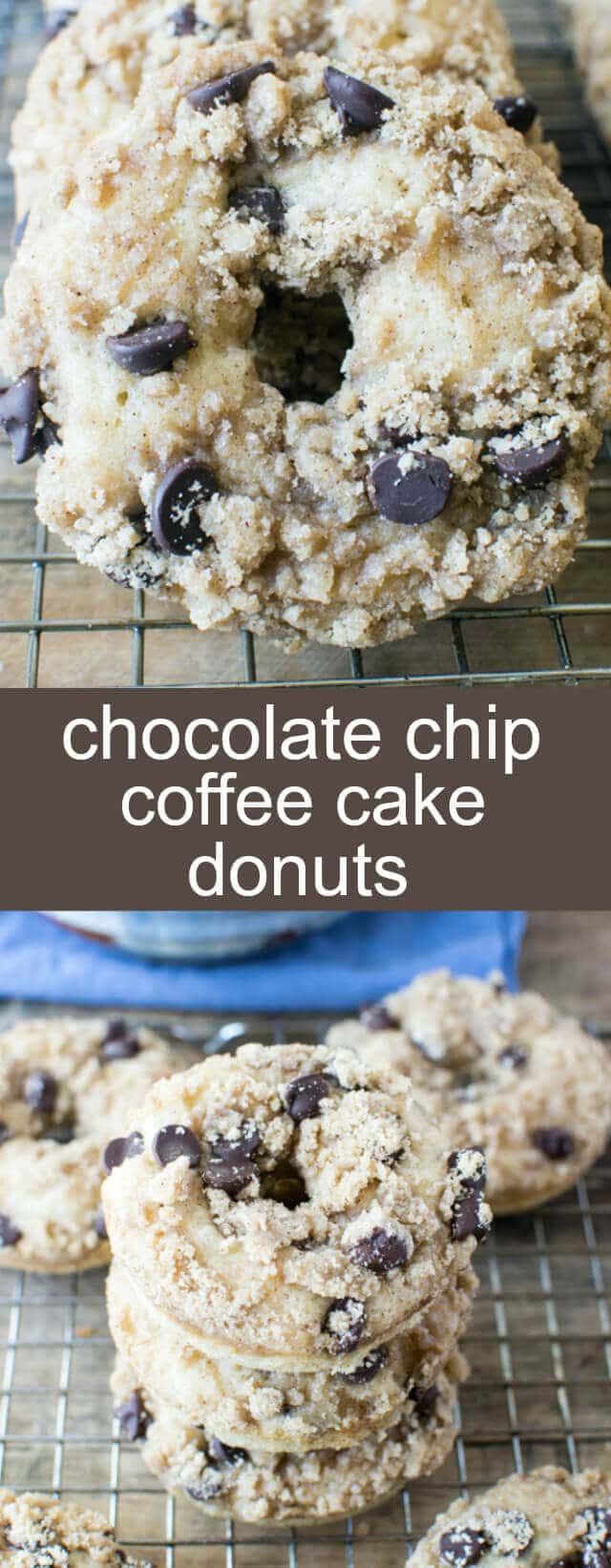 Chocolate Chip Coffee Cake Donuts {A Deliciously Fun Breakfast} donuts/ coffee cake/ chocolate chips Baked Chocolate Chip Coffee Cake Donuts with a butter crumb topping and full of chocolate chips. Perfect for a weekend breakfast treat!