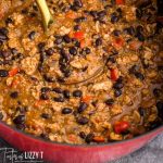 black bean chicken chili in a pot with a ladle