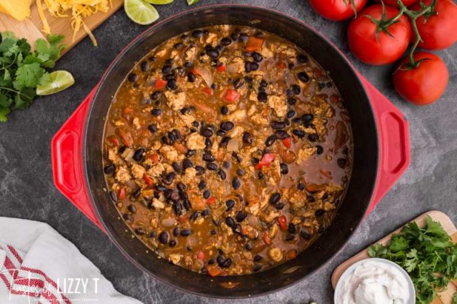 overhead view of pot of chicken chili