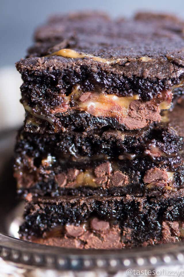 stack of gooey caramel brownies