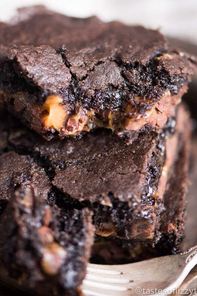 stack of gooey caramel brownies