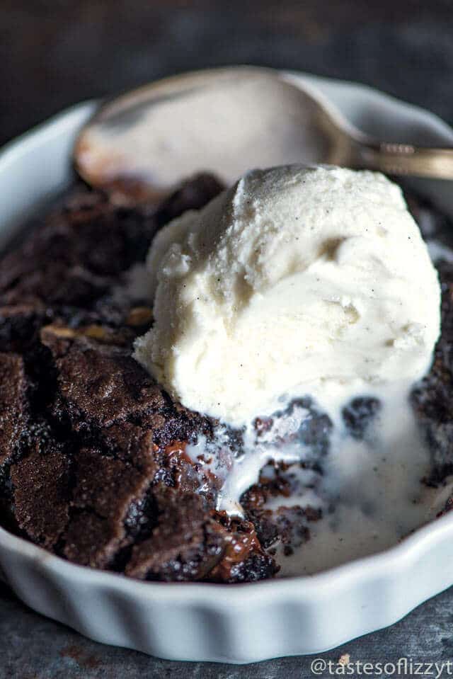 caramel brownies with ice cream in a bowl