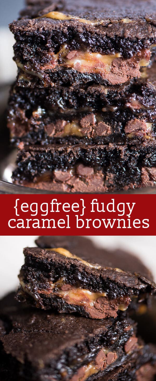 My guilty pleasure? 100% from-scratch gooey caramel brownies. An egg-free dessert recipe that is best served warm with a scoop of ice cream. eggless chocolate brownie recipe / chocolate caramel brownies / homemade brownies / brownie sundaes
