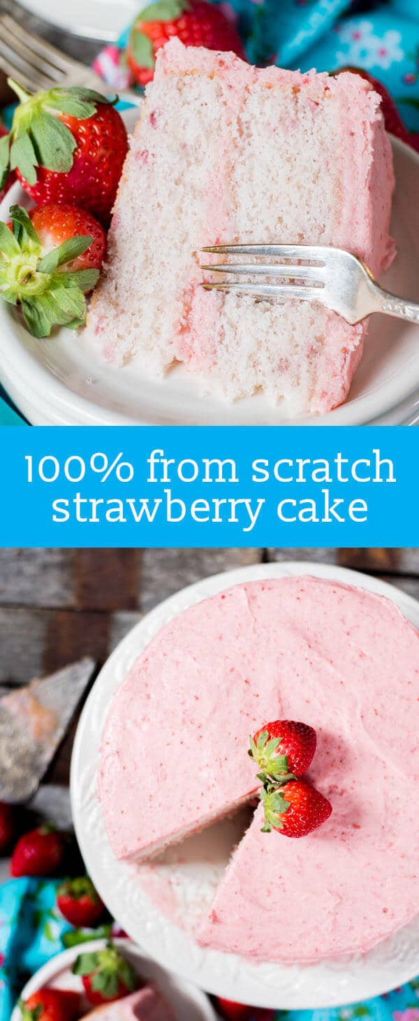 Hints for the perfect Homemade Strawberry Cake! This 100% from-scratch recipe uses fresh strawberries in the cake and in the homemade buttercream. fresh strawberry cake / homemade cake recipe / strawberries in cake / strawberry buttercream / strawberry frosting