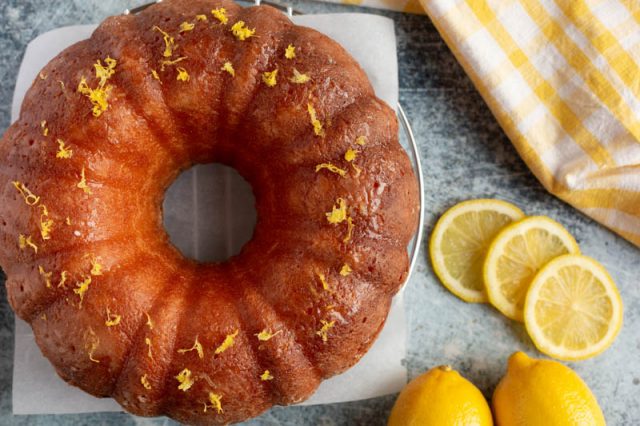 overhead view of lemon pound cake on a table