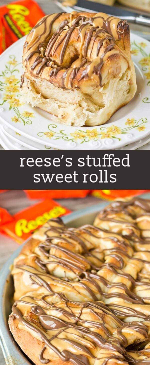 Why not have Reese's peanut butter cups for breakfast? Peanut butter cream and Reese's are stuffed inside this homemade bread. Such a sweet way to start your day! #reeses #chocolate #peanutbutter
