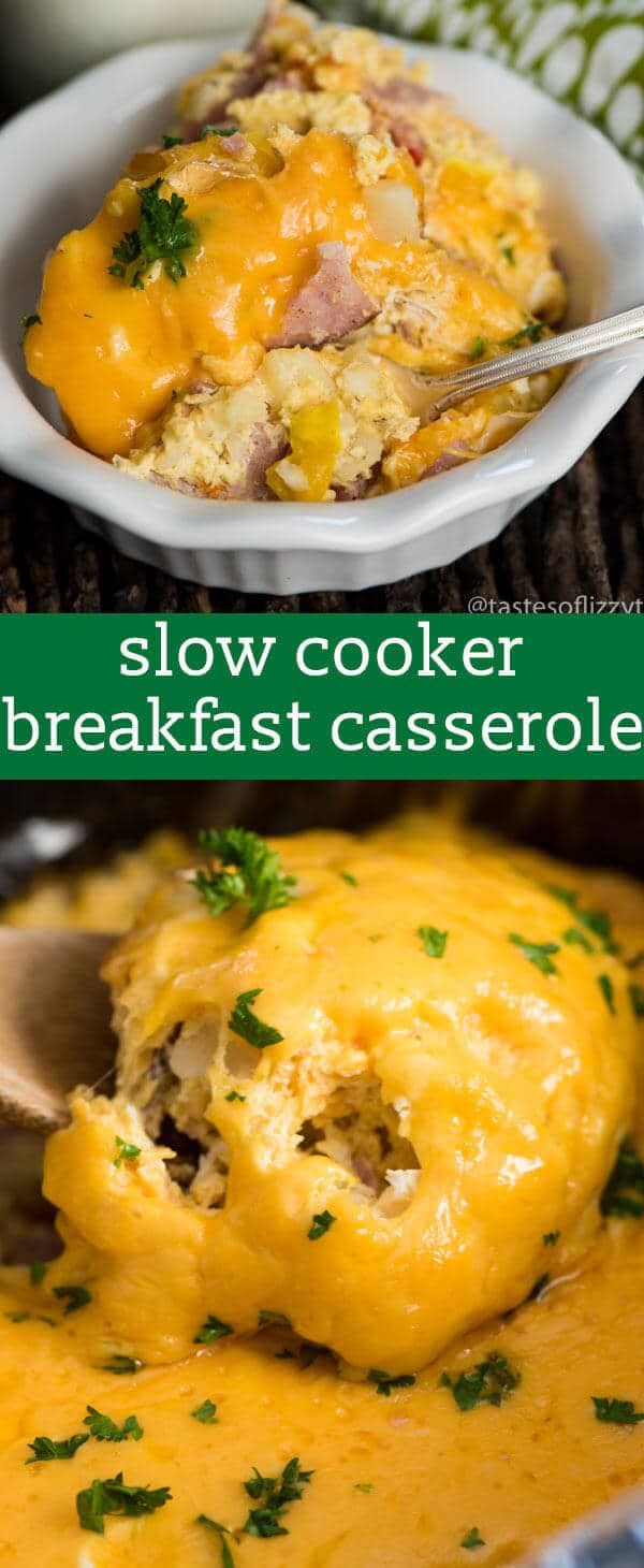 Slow Cooker Breakfast Casserole {Potatoes, Ham, Peppers & Cheese}