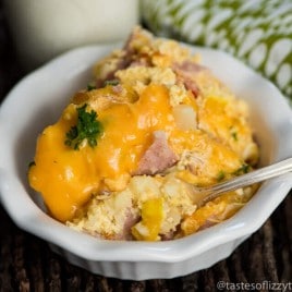 Looking for a high-protein breakfast? Try this Slow Cooker Breakfast Casserole full of cheesy potatoes, eggs, ham and peppers. Let it cook overnight!