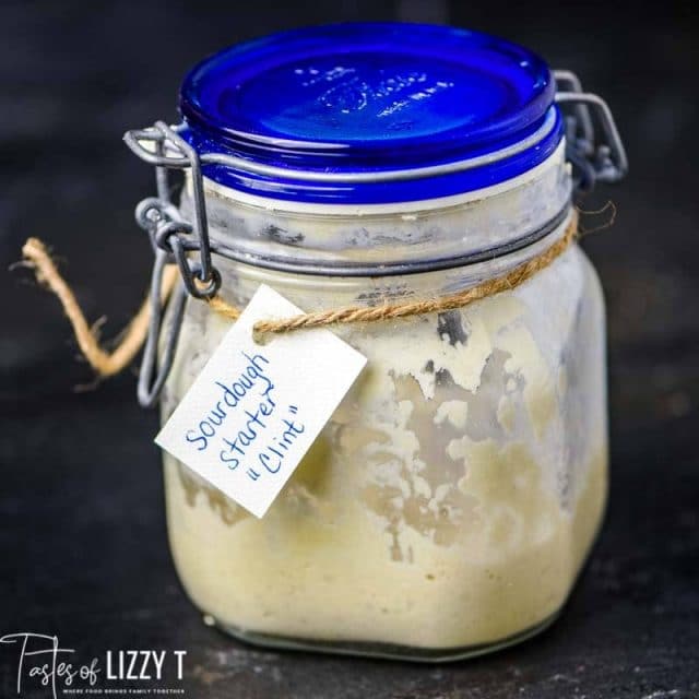 Sourdough Starter in a jar with a tag