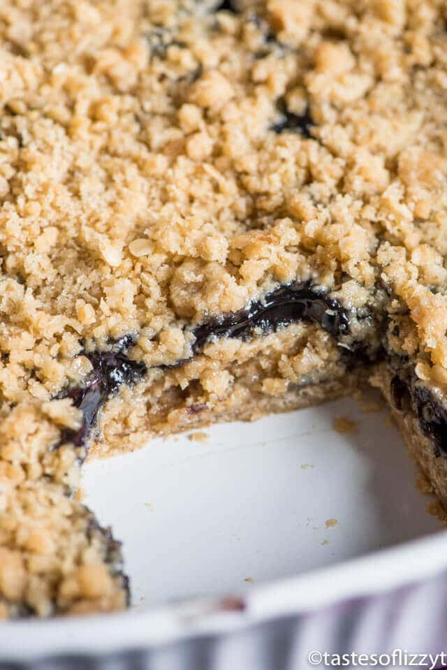 Only 6 ingredients and 10 minute prep time and these Blueberry Oatmeal Bars are ready for the oven. Similar to blueberry crisp, these are perfect with a scoop of ice cream!