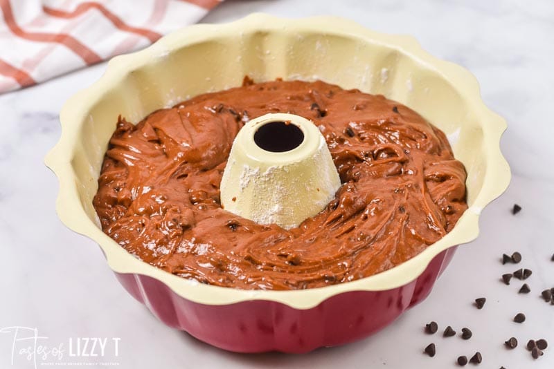 unbaked cake in a bundt pan