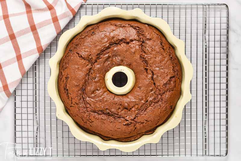 chocolate cake in a bundt pan